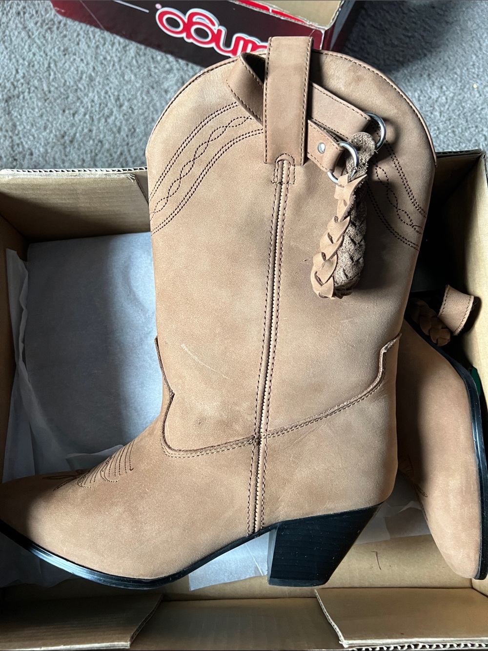 dingo Tan Suede Western Ankle Boots with Braided Pull Tabs